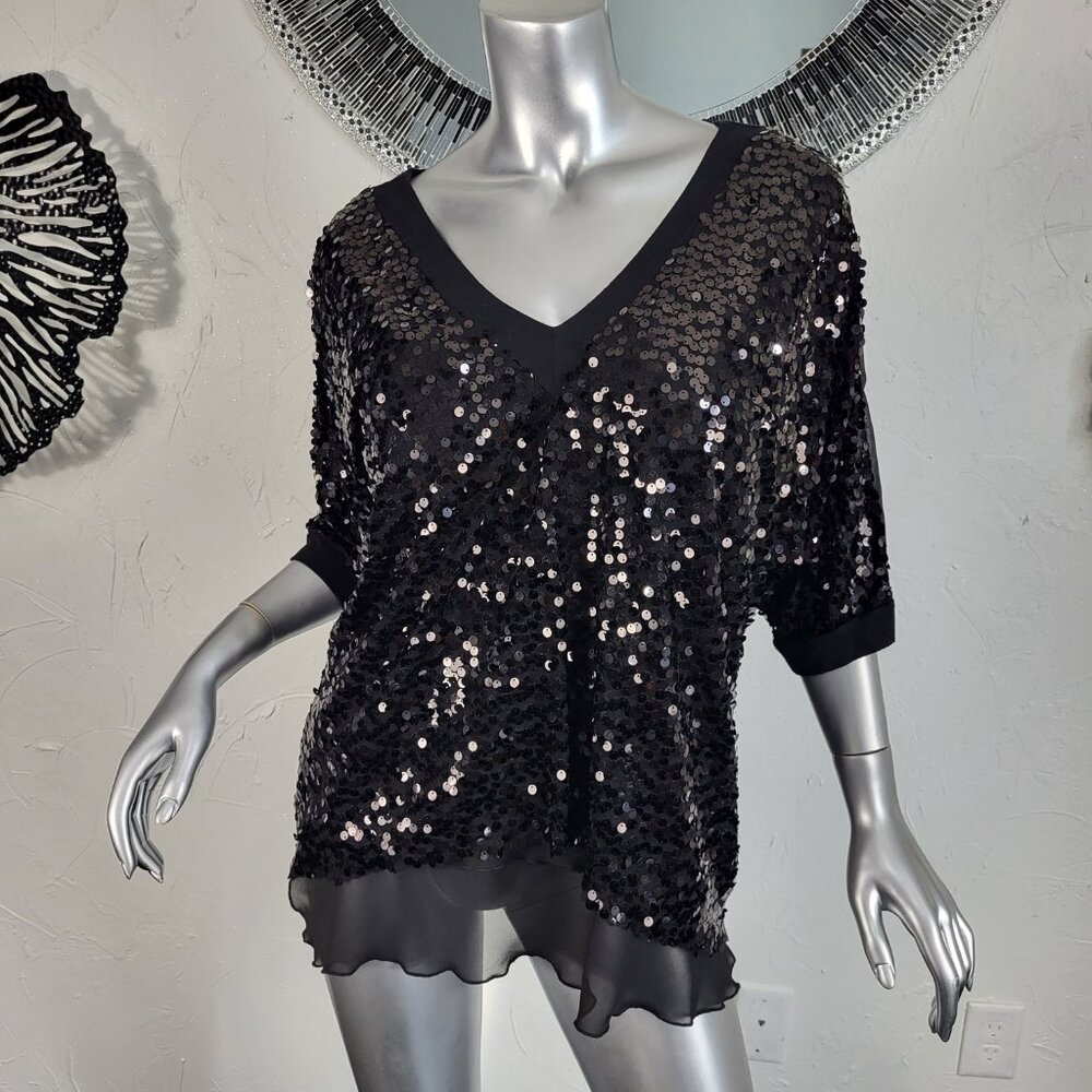 NWT~ATINA CRISTINA~S/M~BLACK SEQUIN SHORT SLEEVE SHEER LAYERED TOP BLOUSE SHIRT